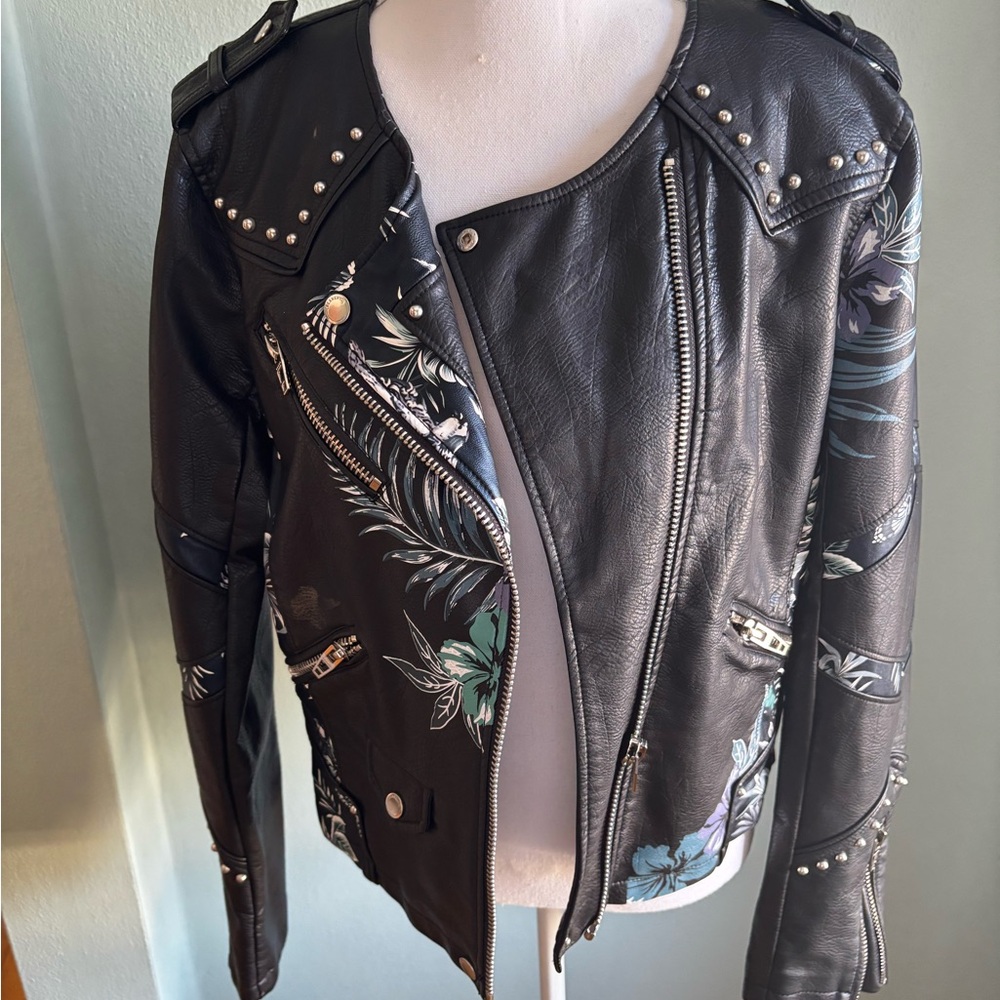 Blank NYC Black Leather Jacket with Floral and Studded Design